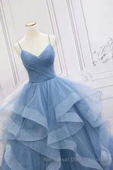 Shiny Blue Tulle A-Line Spaghetti Straps Long Semi Formal Prom Dresses